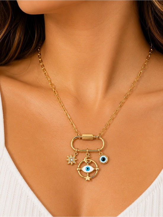 Unbranded Jewelry - Gold Plated Stainless Steel Evil Eye Charm Necklace on Carabiner New